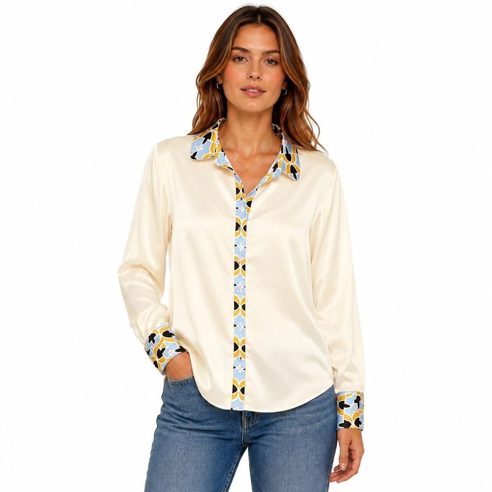 Bailey 44 Blouse Womens Small White Satin Geometric Collared Long Sleeve Top
